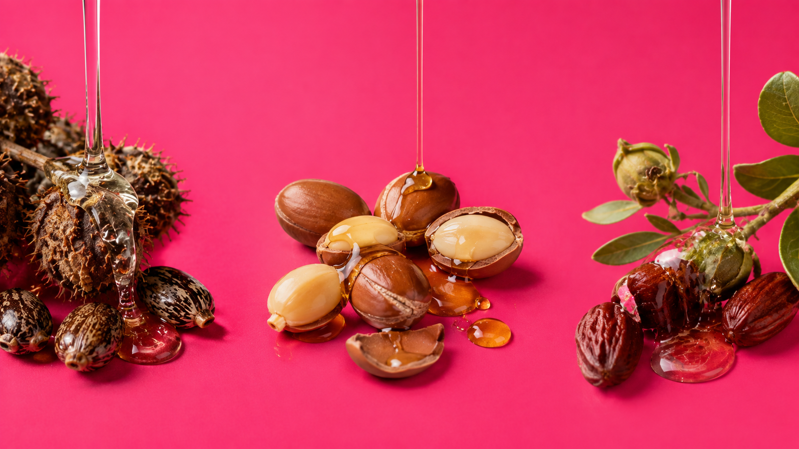 Castor oil, argan oil, and jojoba oil ingredients on a pink background