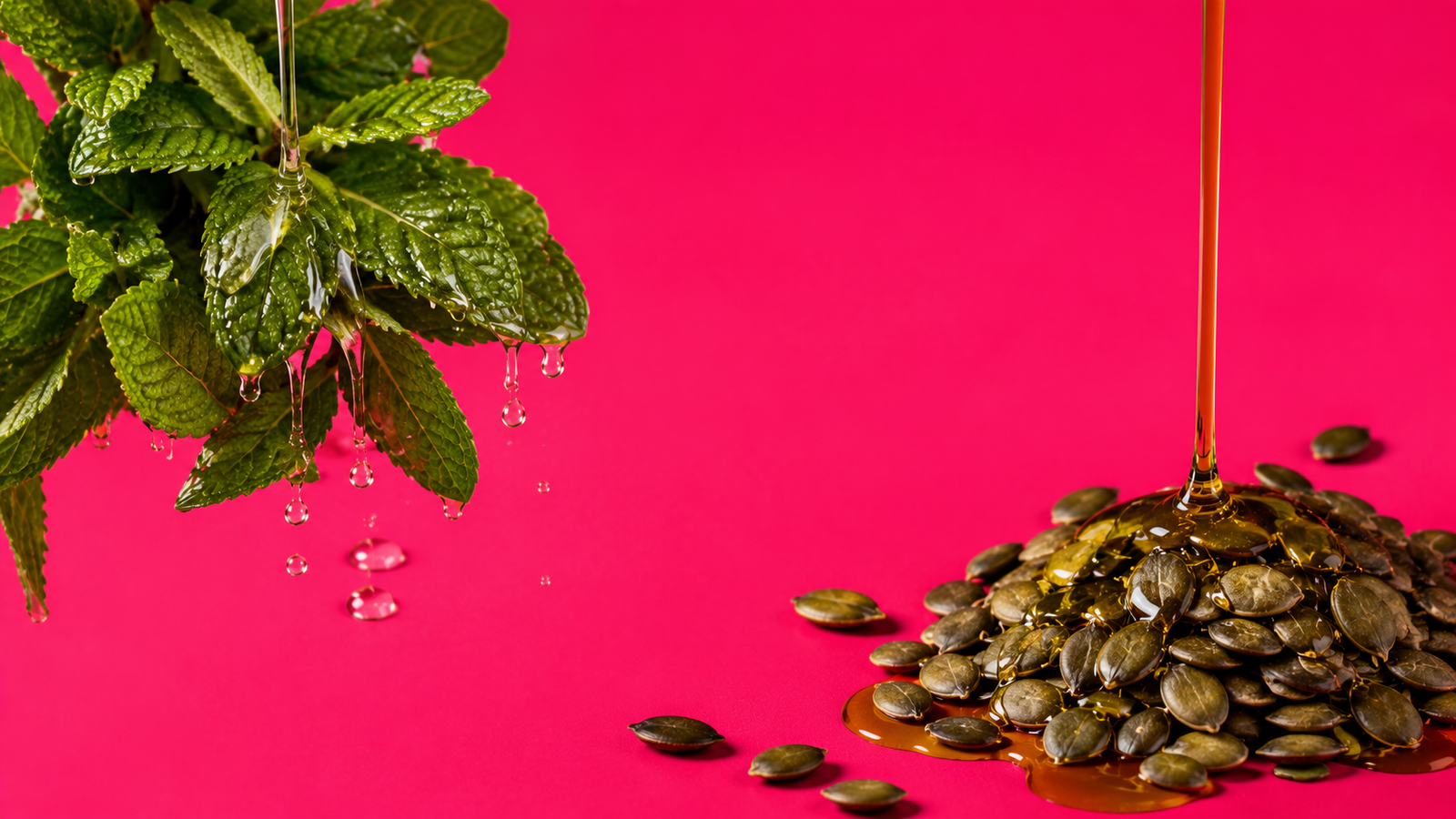 Peppermint and pumpkin seed oil ingredients on a pink background