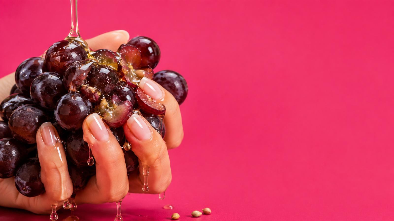Grapes with oil on a pink background representing grapeseed oil