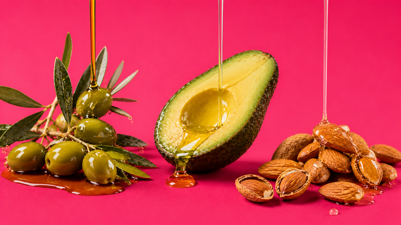 Olive, avocado, and almond oil ingredients on a pink background