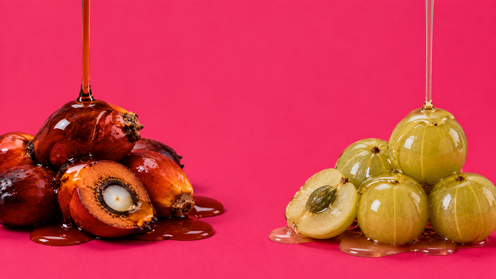 Amla and batana-style oil ingredients on a pink background